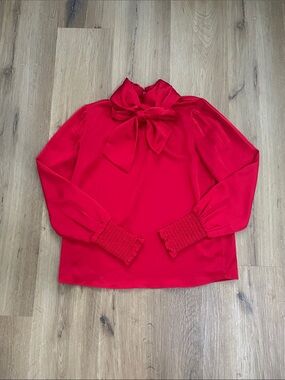 Ann Taylor Red Bow-Tie Long Sleeve Blouse